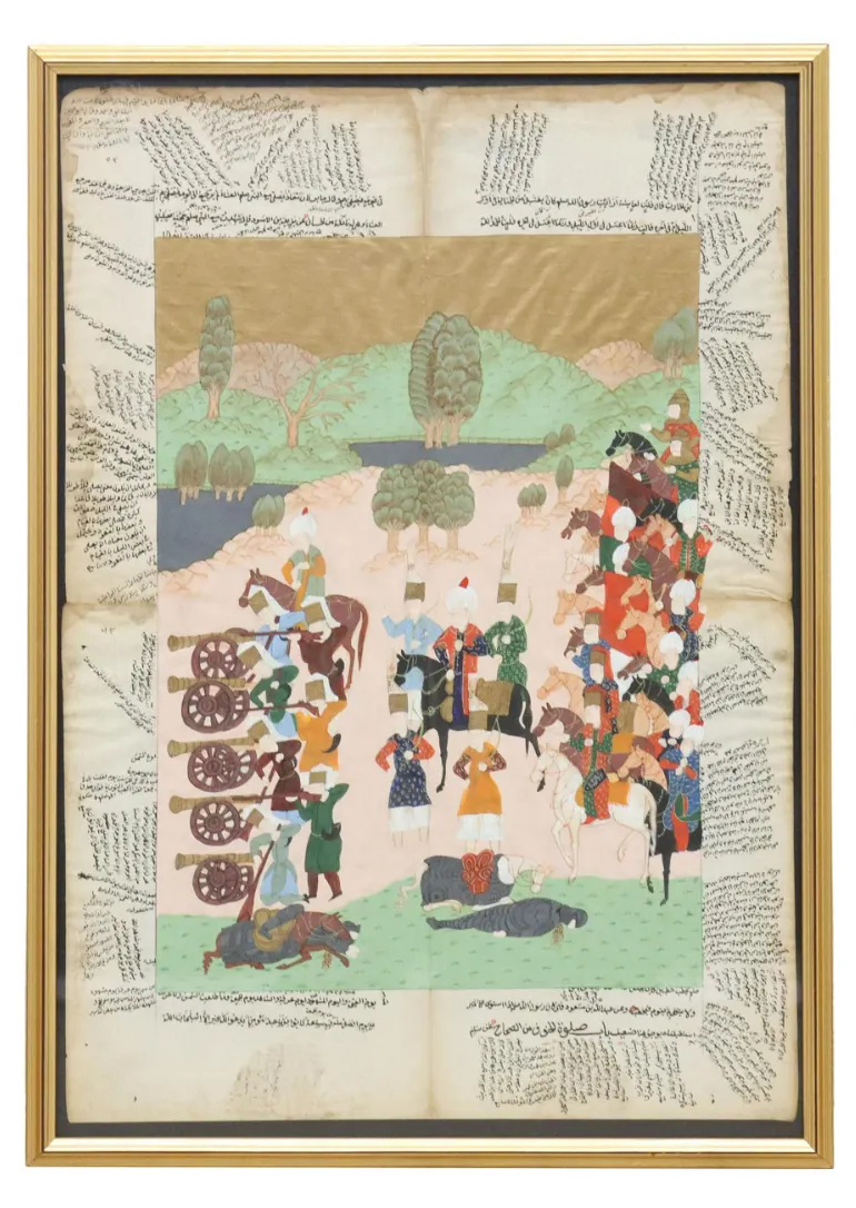 Framed Turkish/Persian Illustrated Manuscript - Sultan Suleiman at the Battle of Mohács (Gilt Two-Page Spread)
