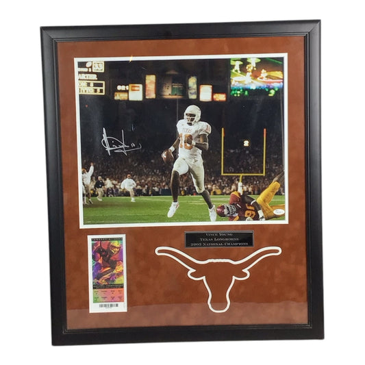 Framed Vince Young Texas Longhorns 2005 National Champions Signed Photo Display w/ Game Ticket
