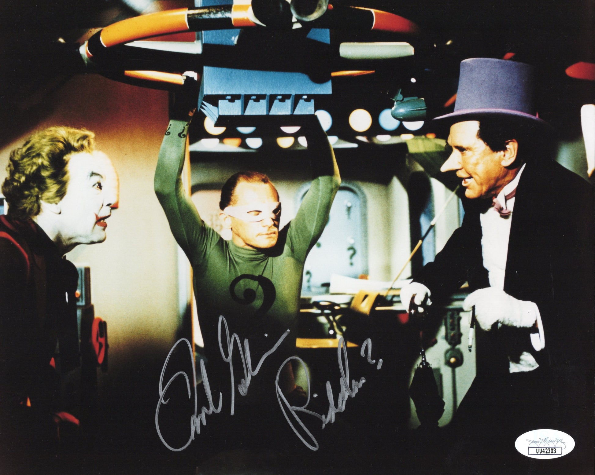 Frank Gorshin Signed Photo 8x10, Frank Gorshin Autograph as The Riddler from Batman with Penguin and Joker, JSA and PSA Letter Double Certified Authentic UU42303