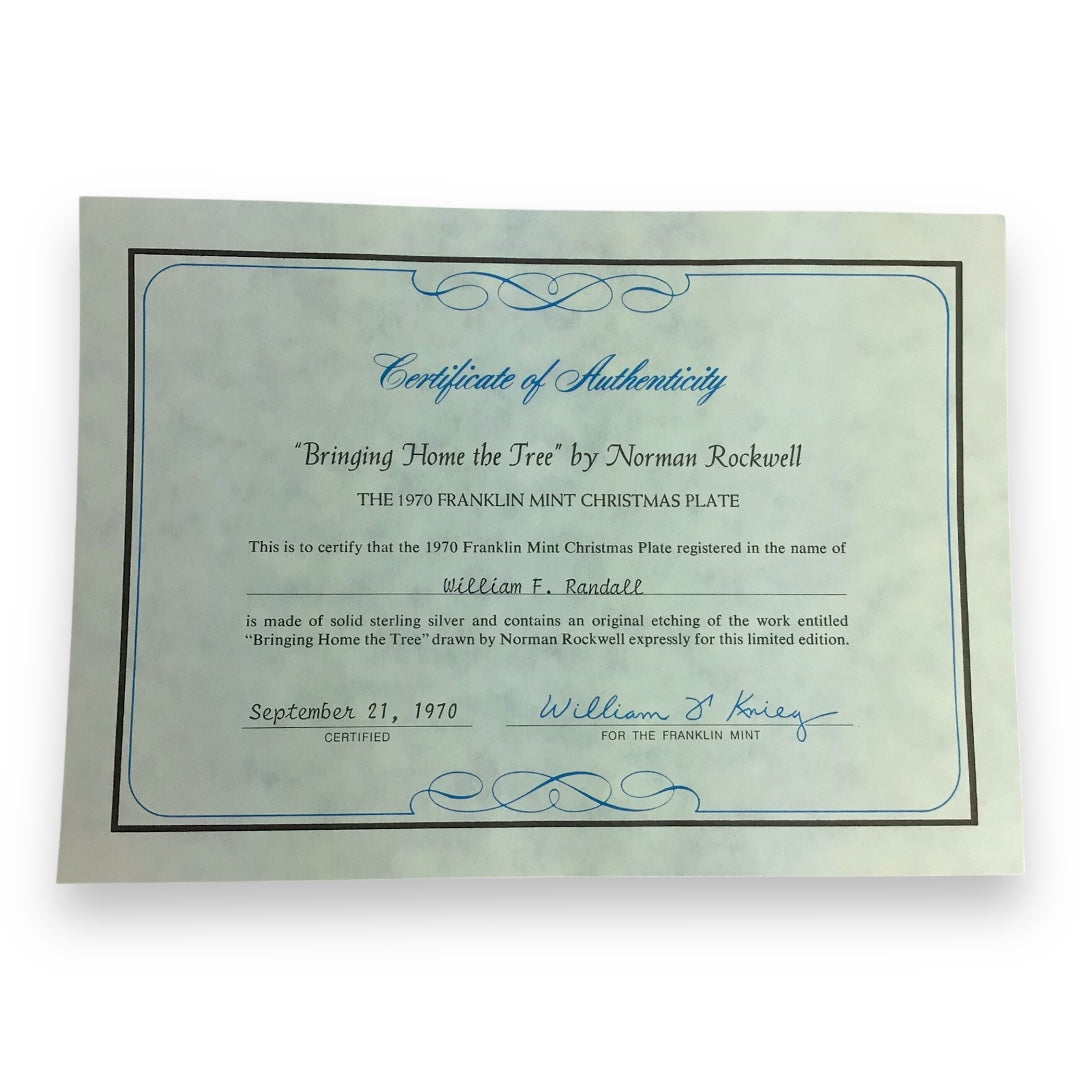 Franklin Mint Sterling Silver Collector’s Plate - Norman Rockwell “Bringing Home the Tree”
