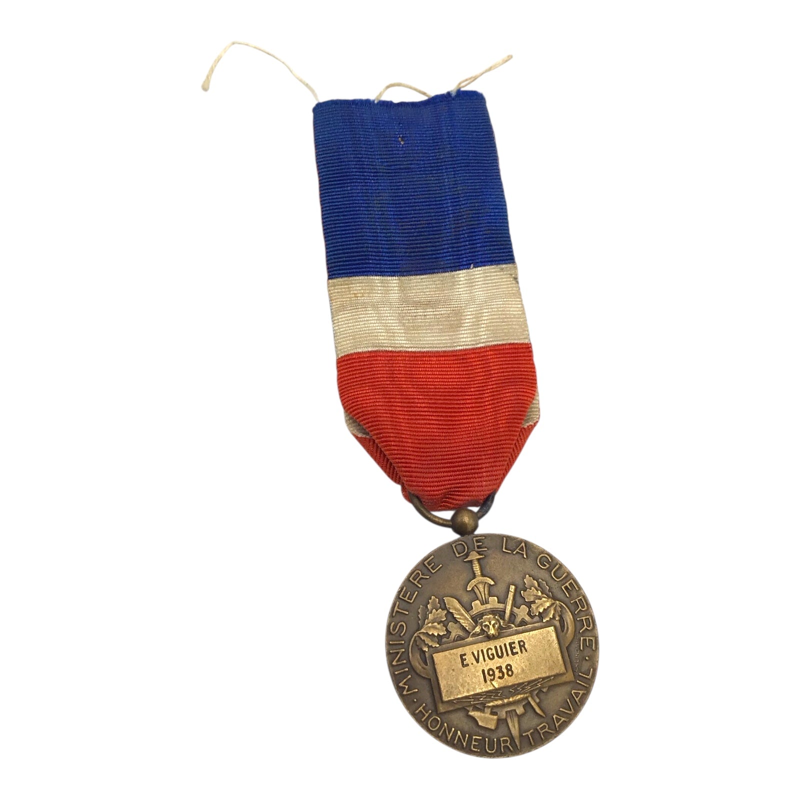 French Bronze Medal of Honor with Silk Ribbon – RARE as it is named to E. Viguier - Dated 1938