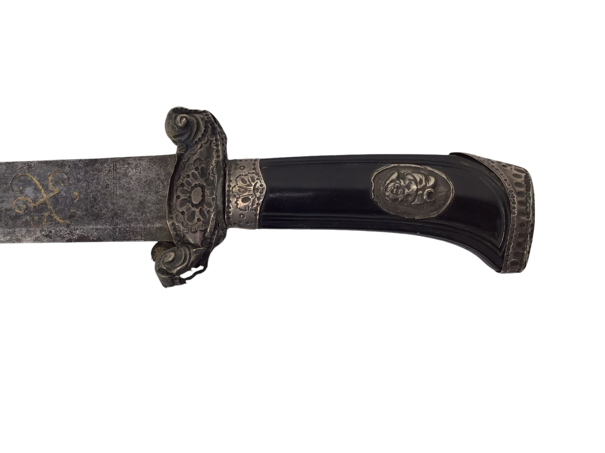 French Hunting Sword 18th C Rev War Era Silver Hilt Gold Inlaid Blade Rare