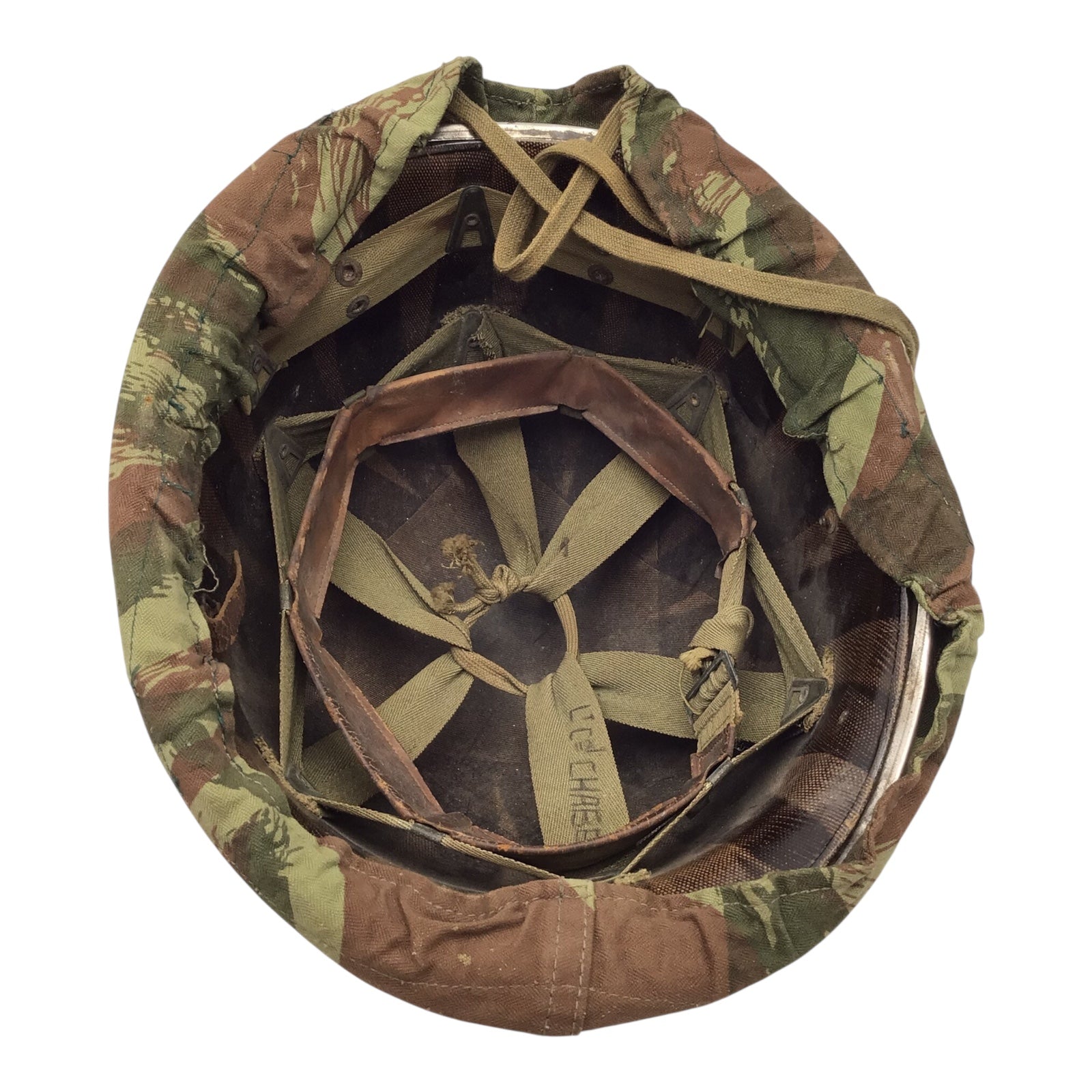 French Vietnam War Era M-1951 Helmet with Shell Liner and Rare Camo Cover Named