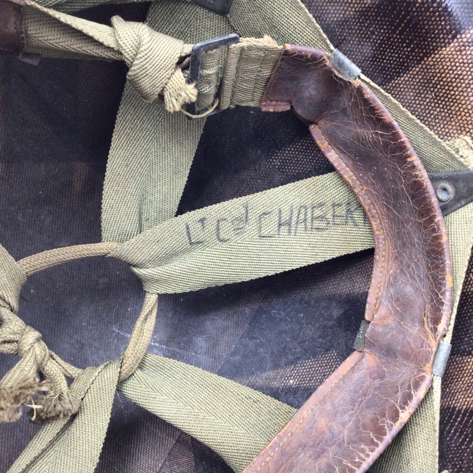 French Vietnam War Era M-1951 Helmet with Shell Liner and Rare Camo Cover Named