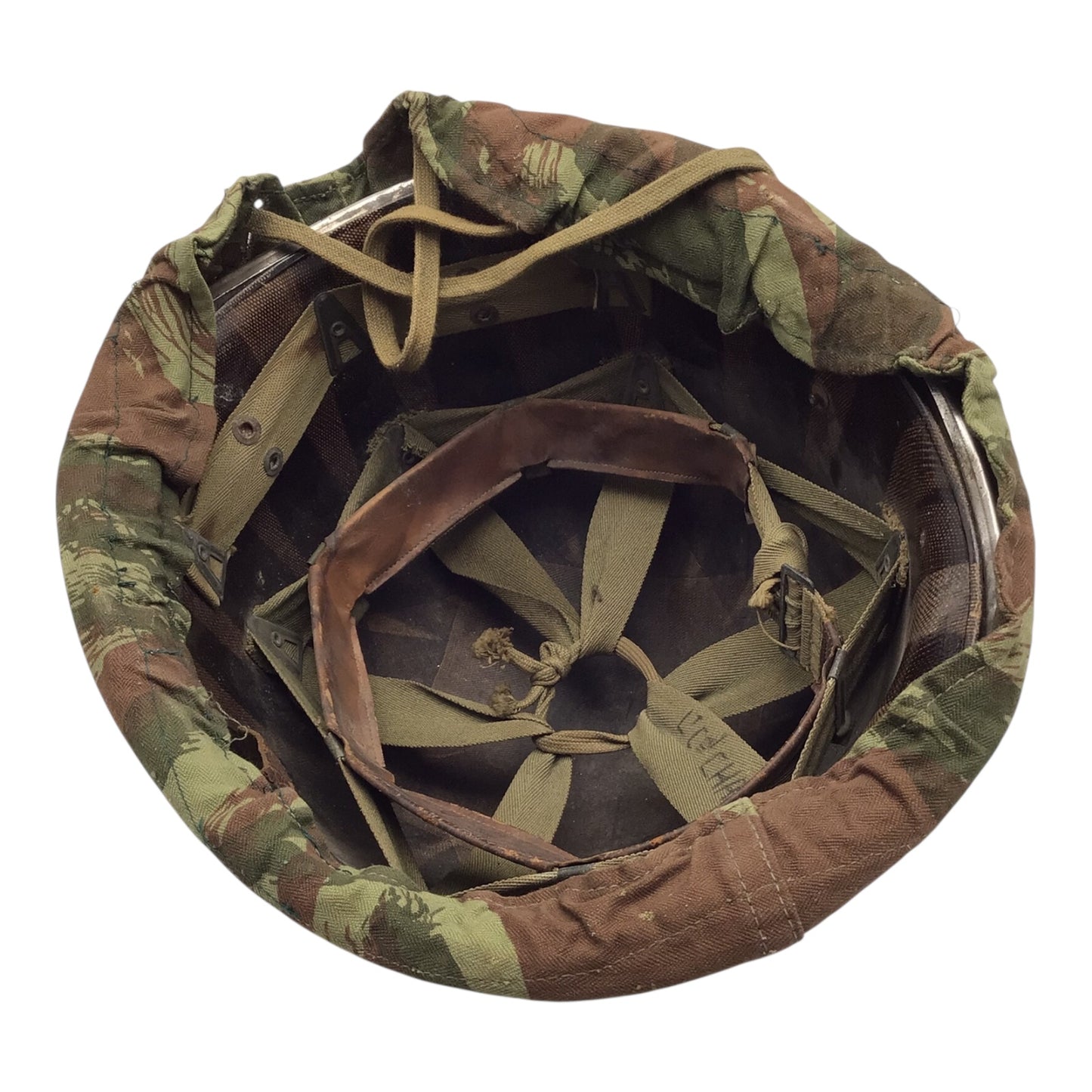 French Vietnam War Era M-1951 Helmet with Shell Liner and Rare Camo Cover Named