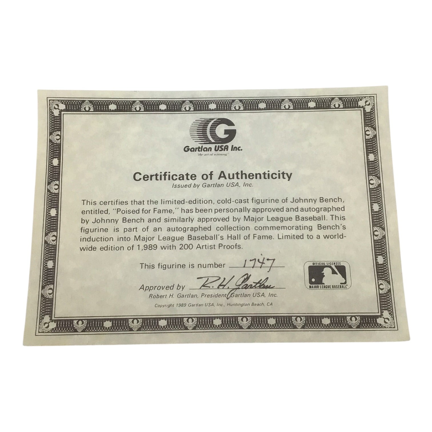 Gartlan Johnny Bench Autographed Cold Cast Baseball Figure #1747/1989 Certified