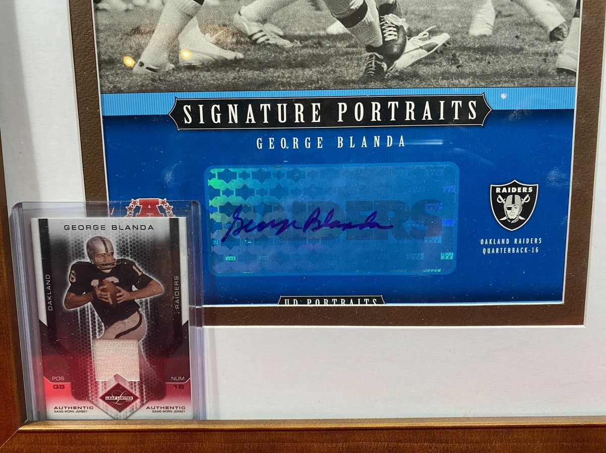 George Blanda Autographed Framed Upper Deck Photo and Game Worn Jersey Sports Card