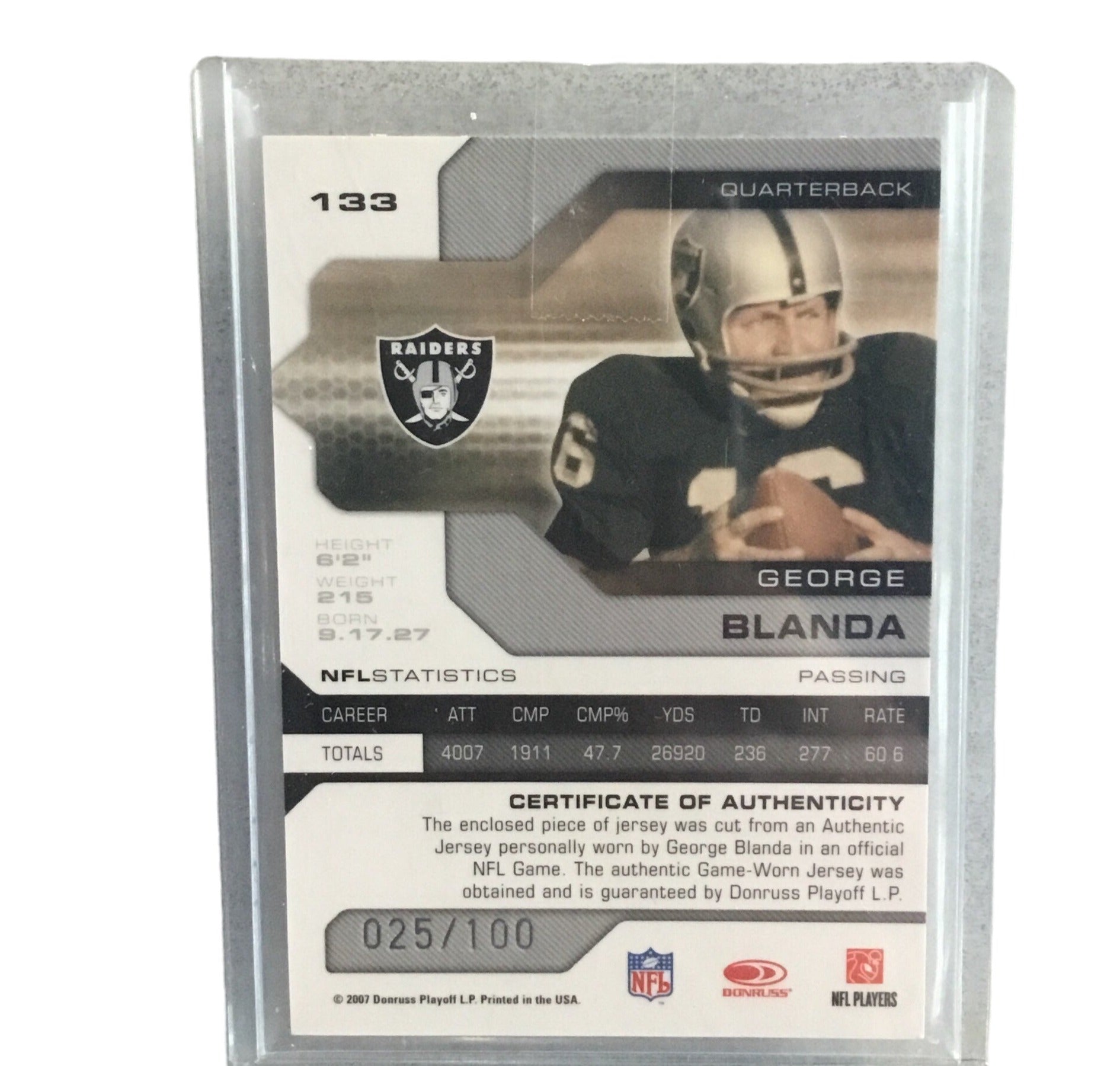 George Blanda Autographed Framed Upper Deck Photo and Game Worn Jersey Sports Card