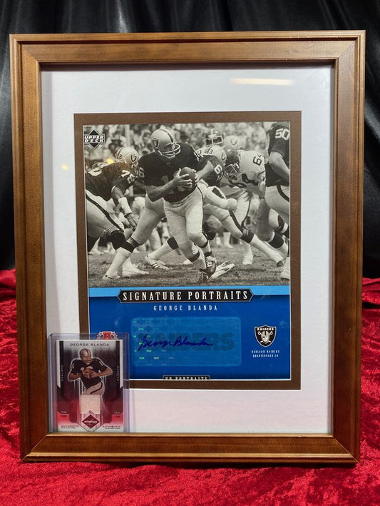 George Blanda Autographed Framed Upper Deck Photo and Game Worn Jersey Sports Card