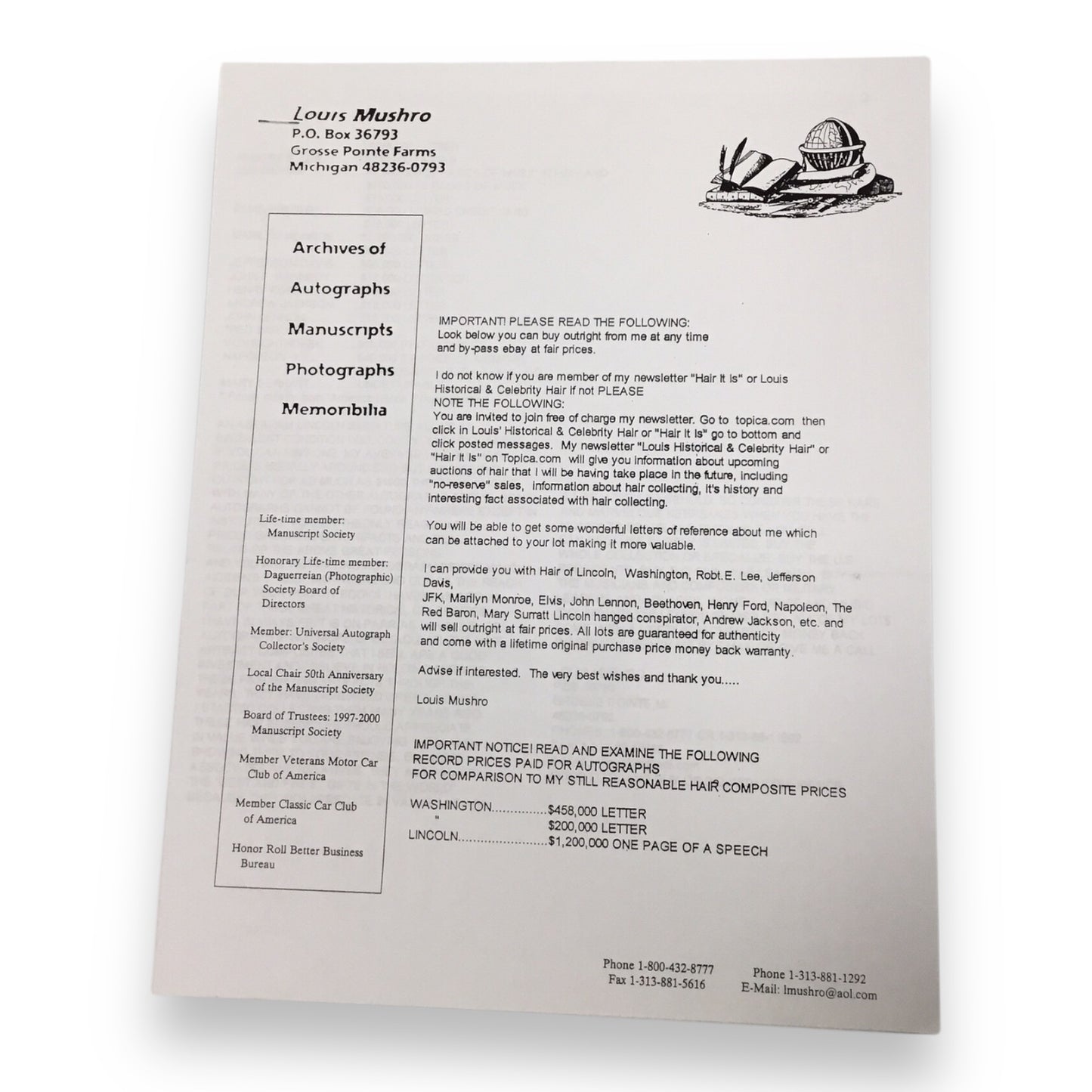 George Washington Hair Clipping with Certificate of Authenticity