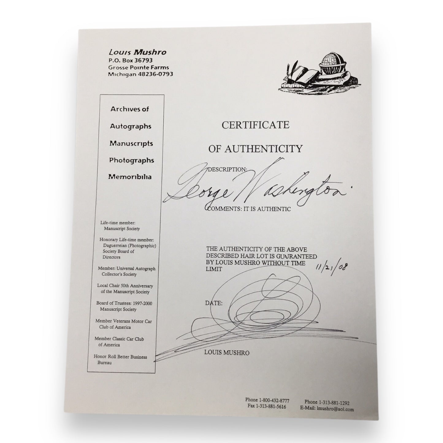 George Washington Hair Clipping with Certificate of Authenticity