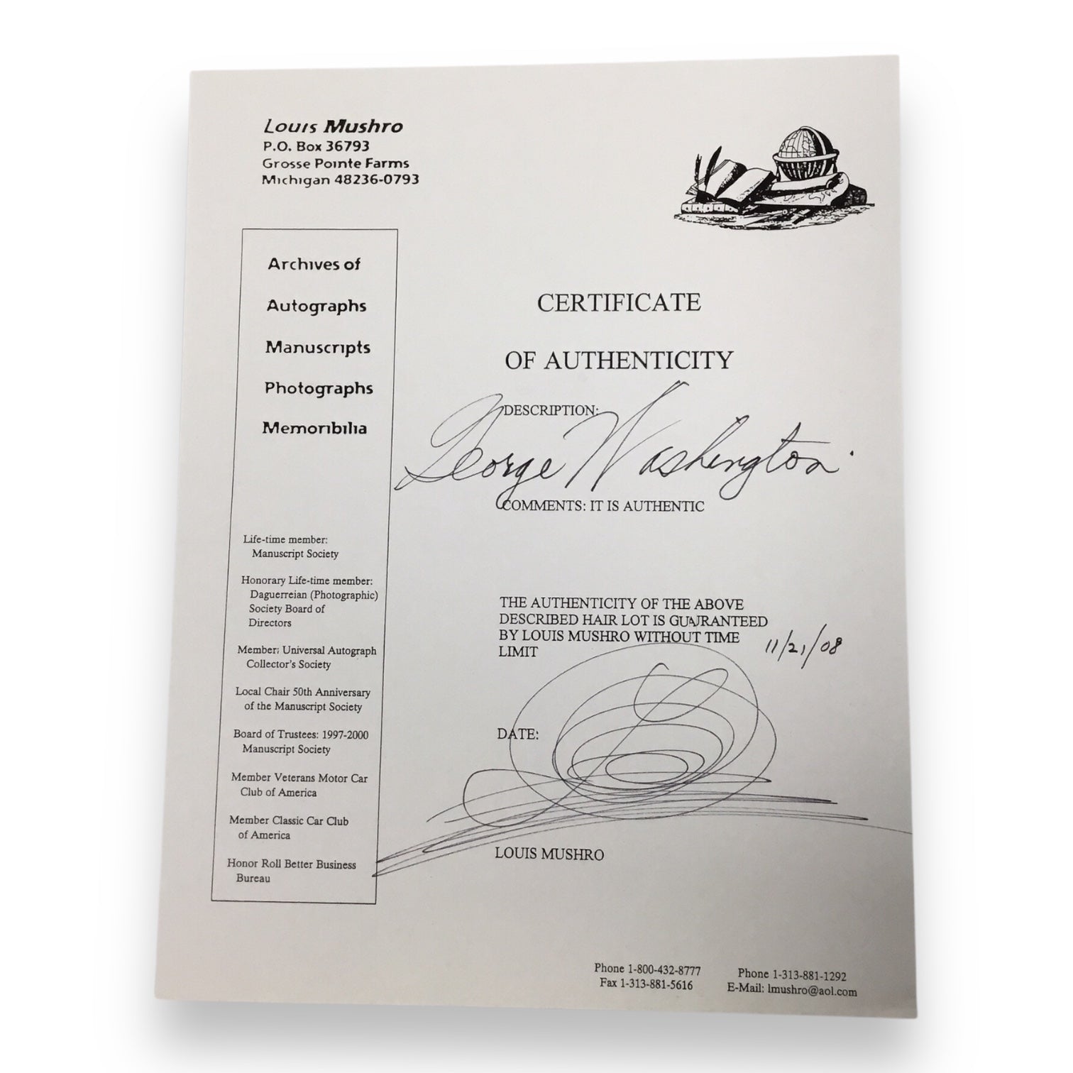 George Washington Hair Clipping with Certificate of Authenticity