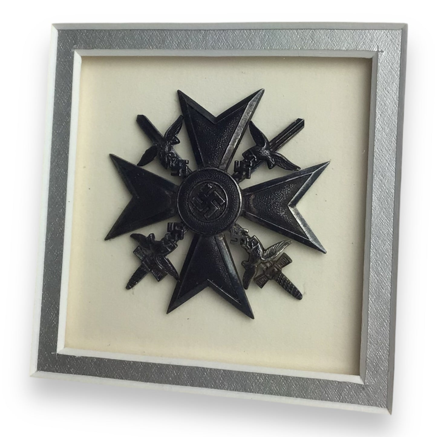 German 1939 Spanish Cross in Silver w/ Swords & Award Certificate – Framed