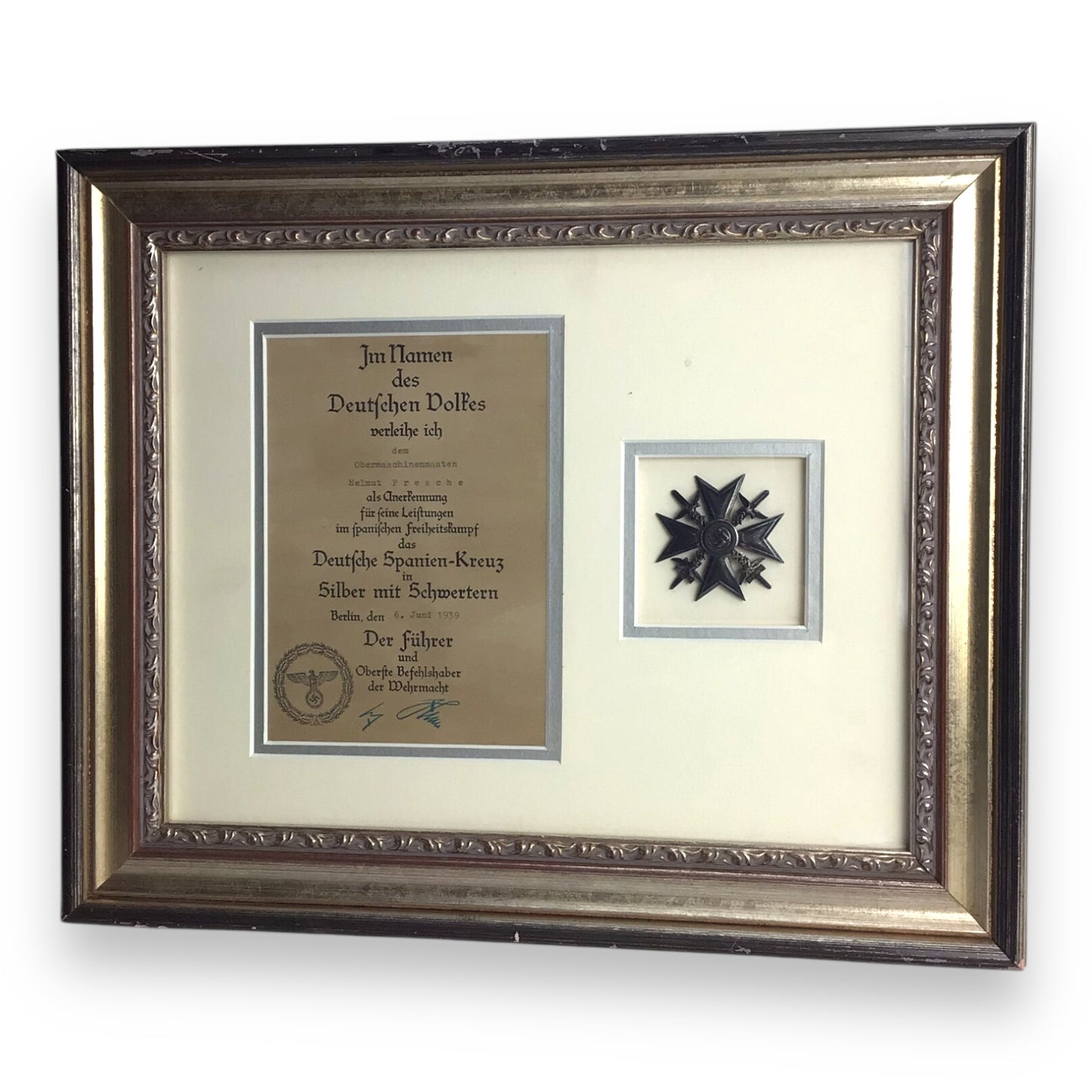German 1939 Spanish Cross in Silver w/ Swords & Award Certificate – Framed