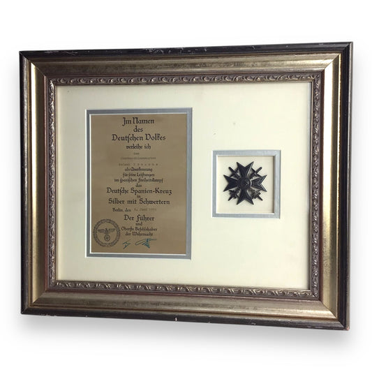 German 1939 Spanish Cross in Silver w/ Swords & Award Certificate – Framed