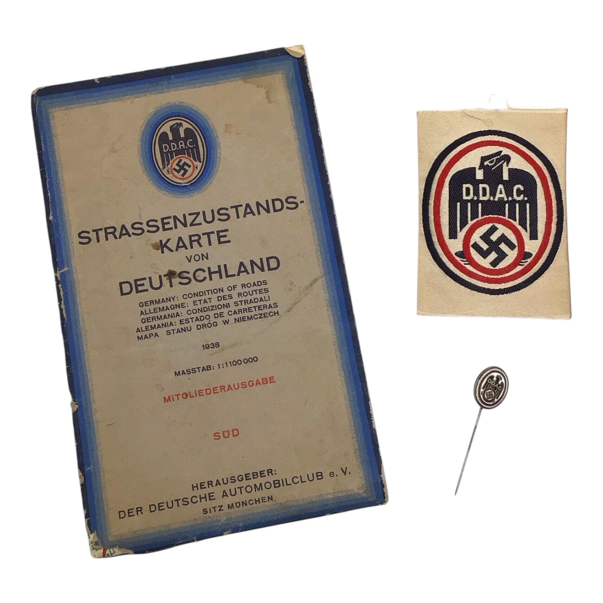 German D.D.A.C. Automobile Club Grouping | Stick Pin, BeVo Patch & 1939 Road Map | WW2 Grouping