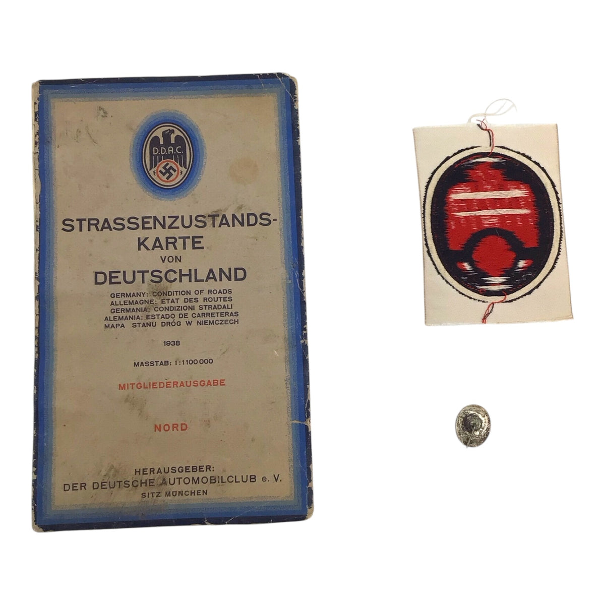 German D.D.A.C. Automobile Club Grouping | Stick Pin, BeVo Patch & 1939 Road Map | WW2 Grouping
