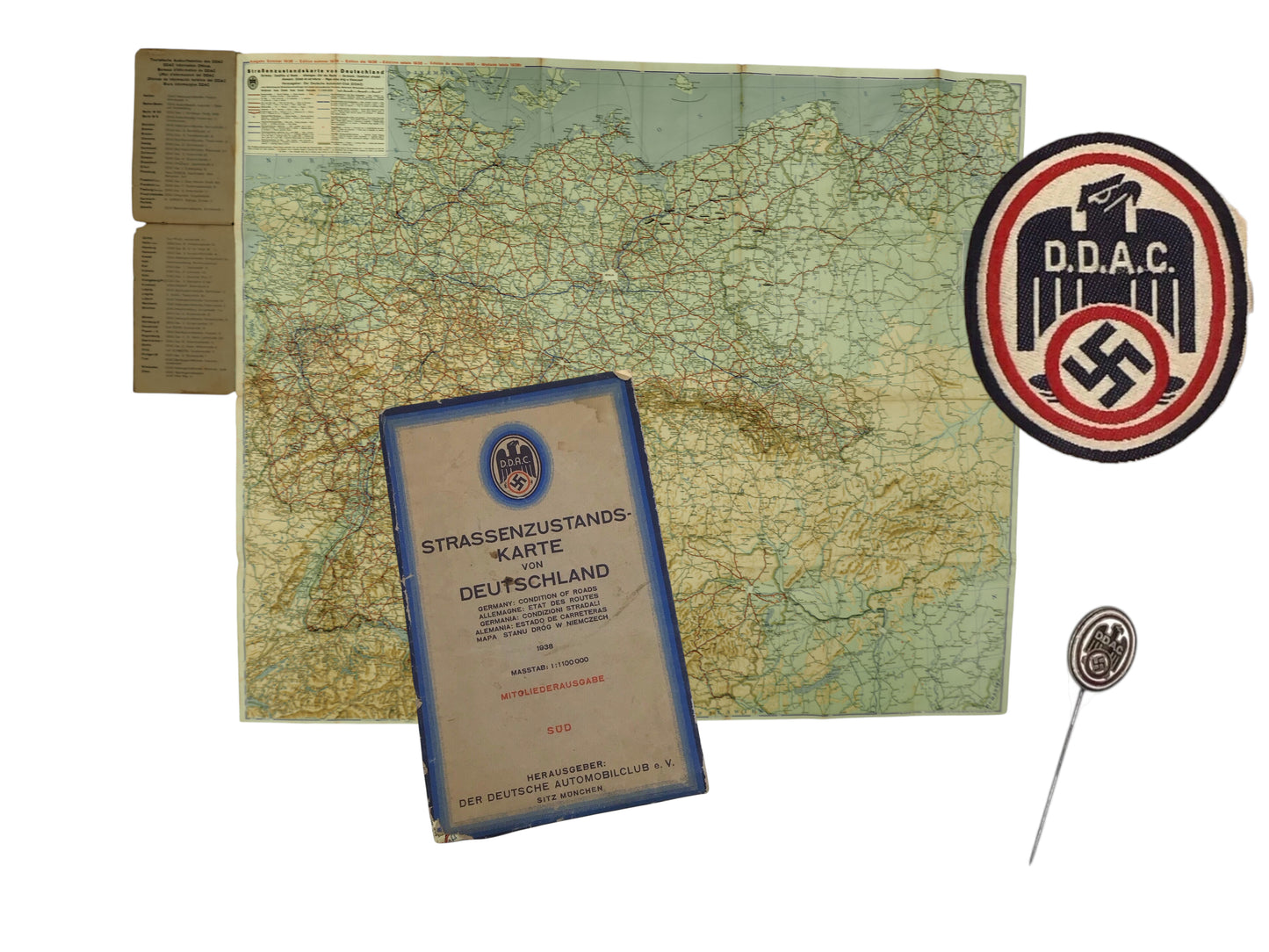 German D.D.A.C. Automobile Club Grouping | Stick Pin, BeVo Patch & 1939 Road Map | WW2 Grouping