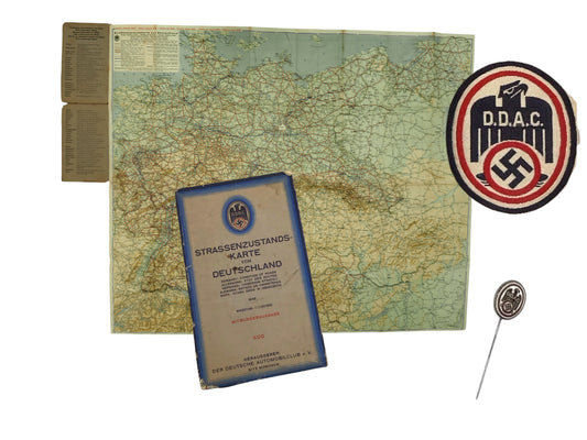 German D.D.A.C. Automobile Club Grouping | Stick Pin, BeVo Patch & 1939 Road Map | WW2 Grouping