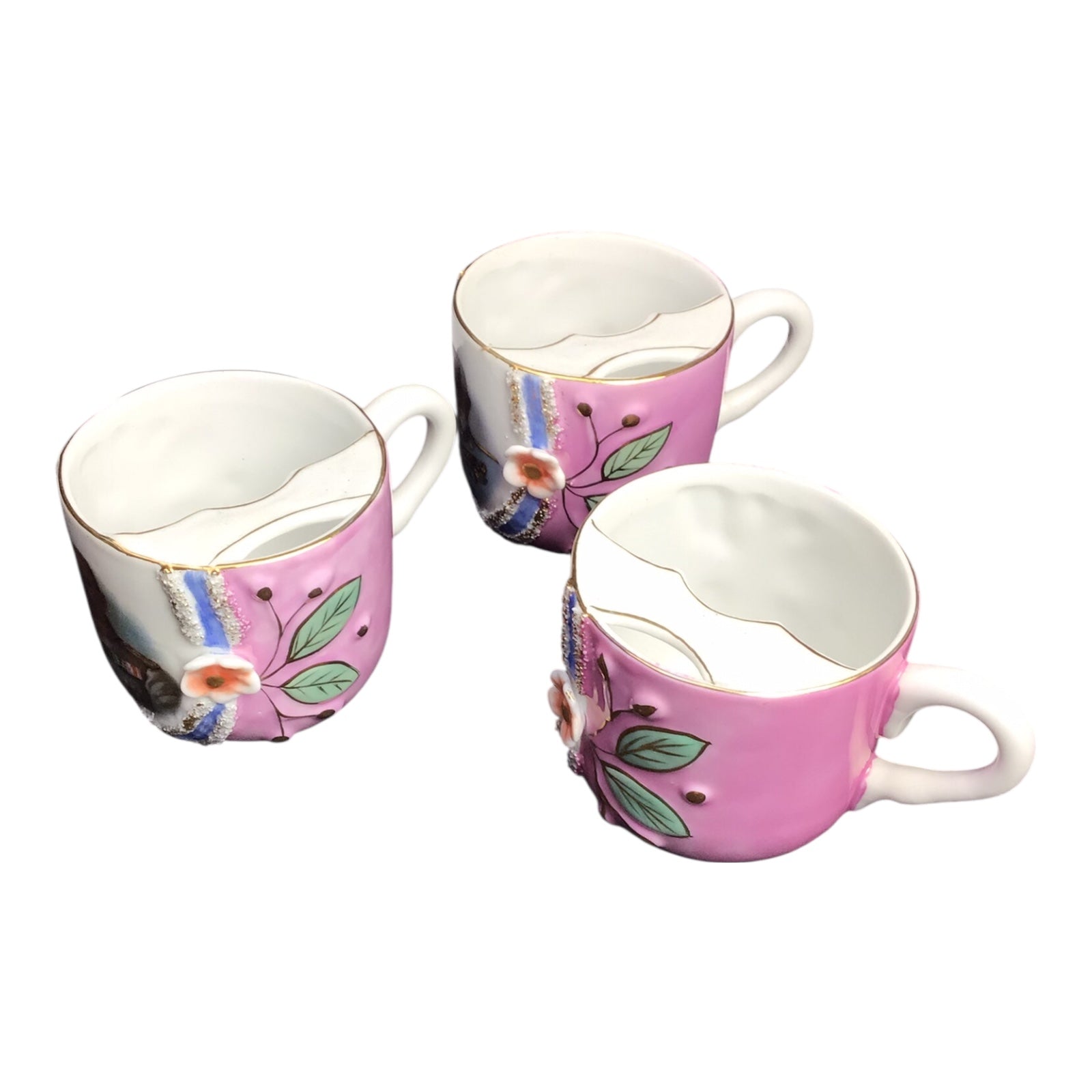 German Empire Era Portrait Tea Cups w/ Mustache Guards