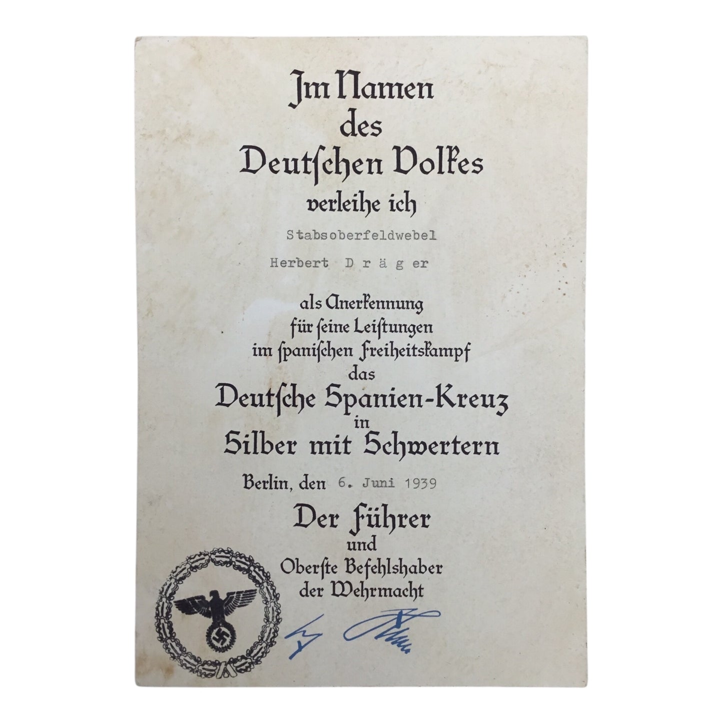 German Legion Condor Panzer Grouping | Spanish Cross in Silver w/ Swords & Hitler Signed Document!