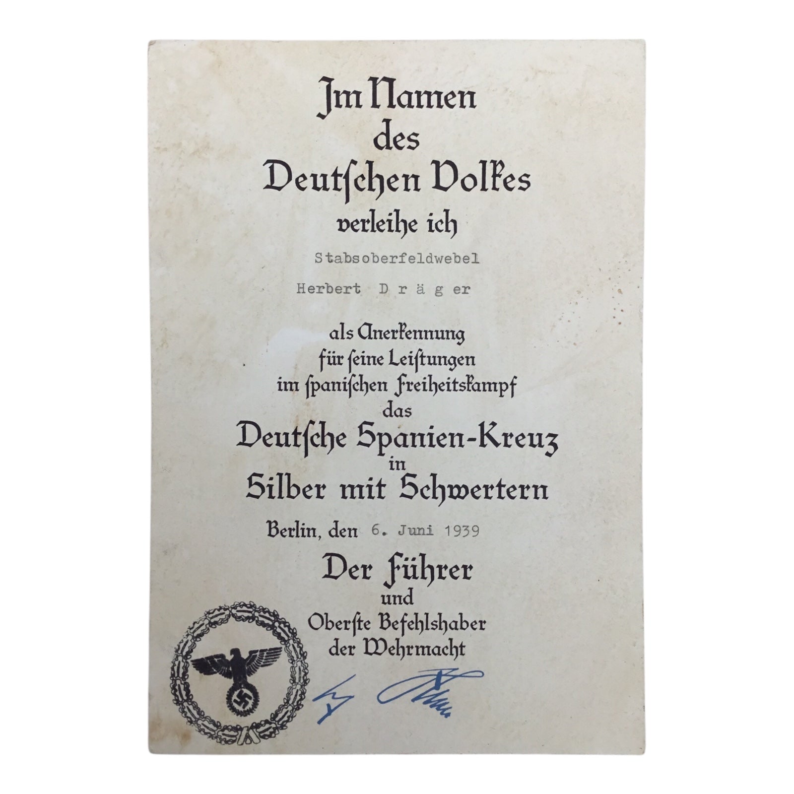 German Legion Condor Panzer Grouping | Spanish Cross in Silver w/ Swords & Hitler Signed Document!