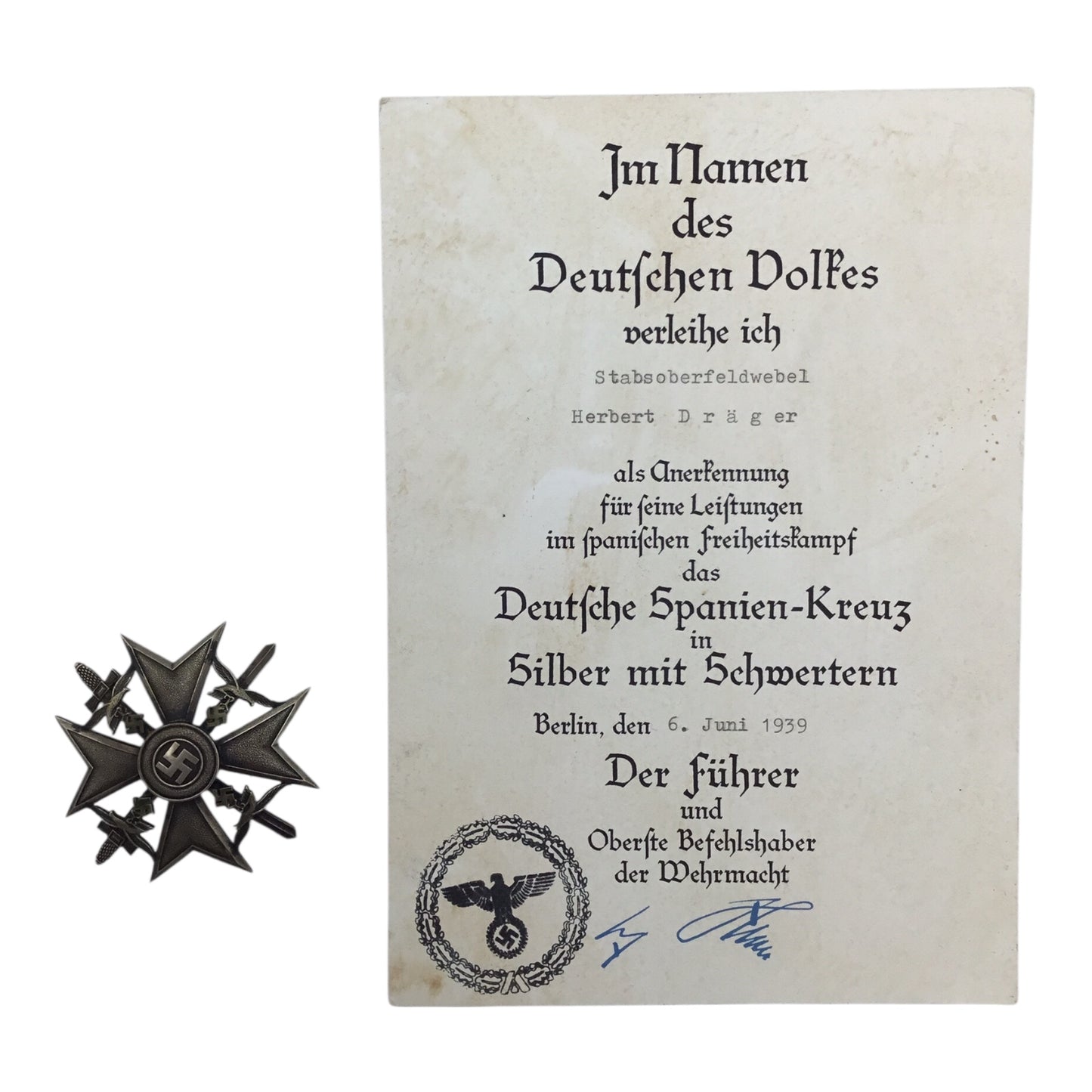 German Legion Condor Panzer Grouping | Spanish Cross in Silver w/ Swords & Hitler Signed Document!