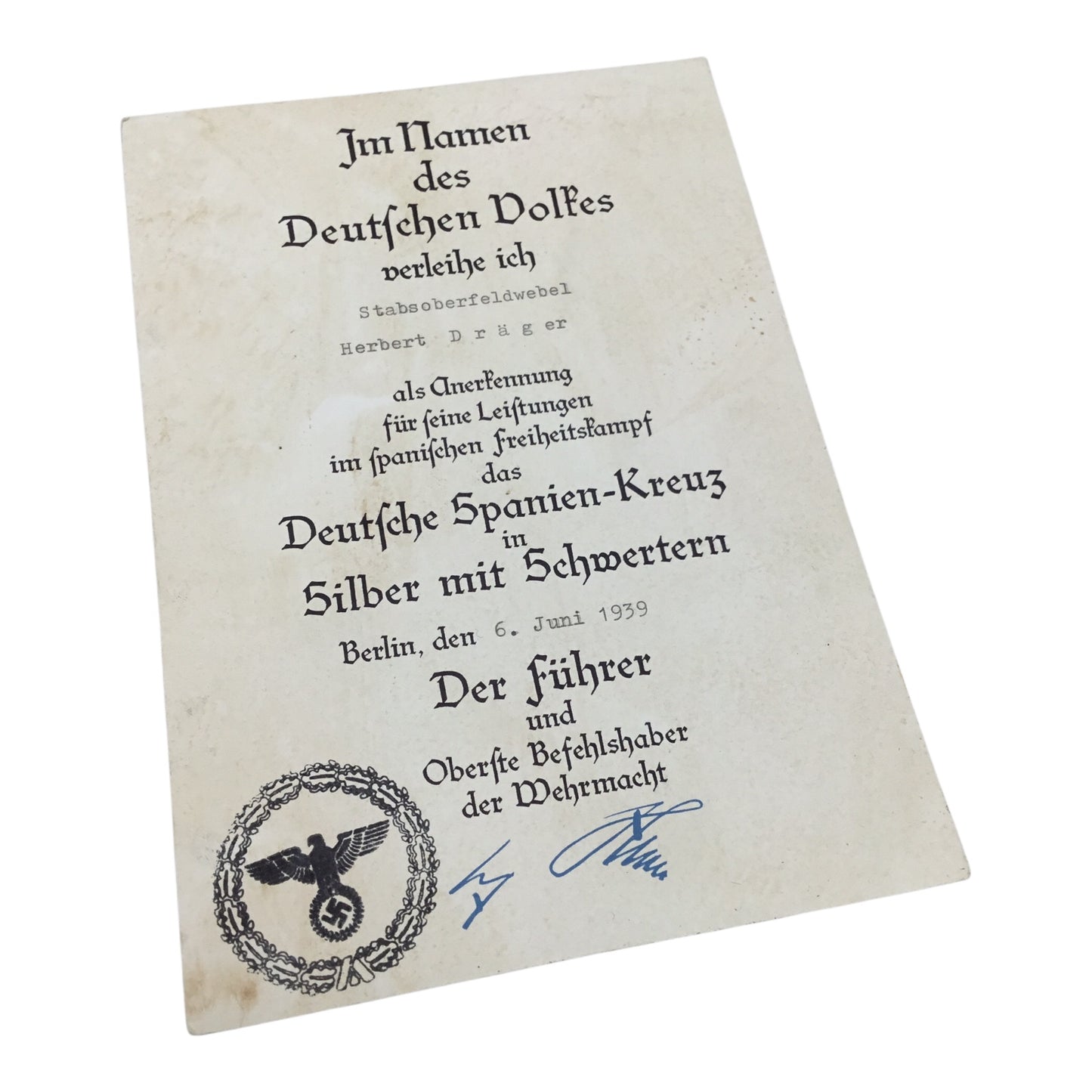German Legion Condor Panzer Grouping | Spanish Cross in Silver w/ Swords & Hitler Signed Document!