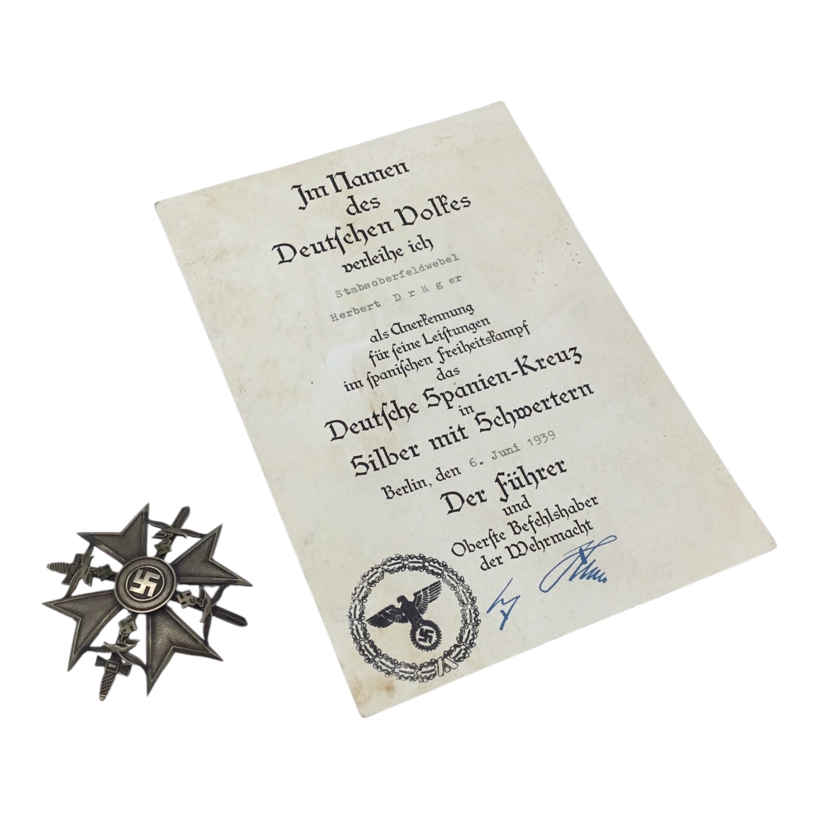 German Legion Condor Panzer Grouping | Spanish Cross in Silver w/ Swords & Hitler Signed Document!