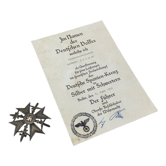 German Legion Condor Panzer Grouping | Spanish Cross in Silver w/ Swords & Hitler Signed Document!
