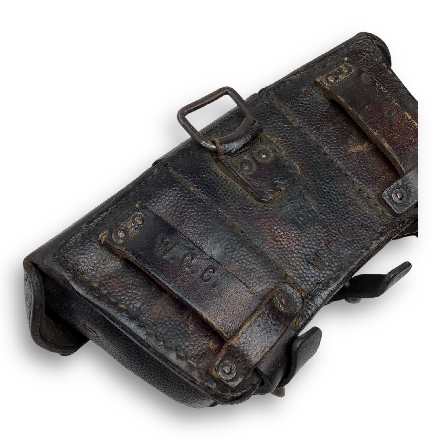 German WW1 1915 Leather Ammo Pouch – Three-Section Belt Model, Marked Elsenfeld for Gewehr 98