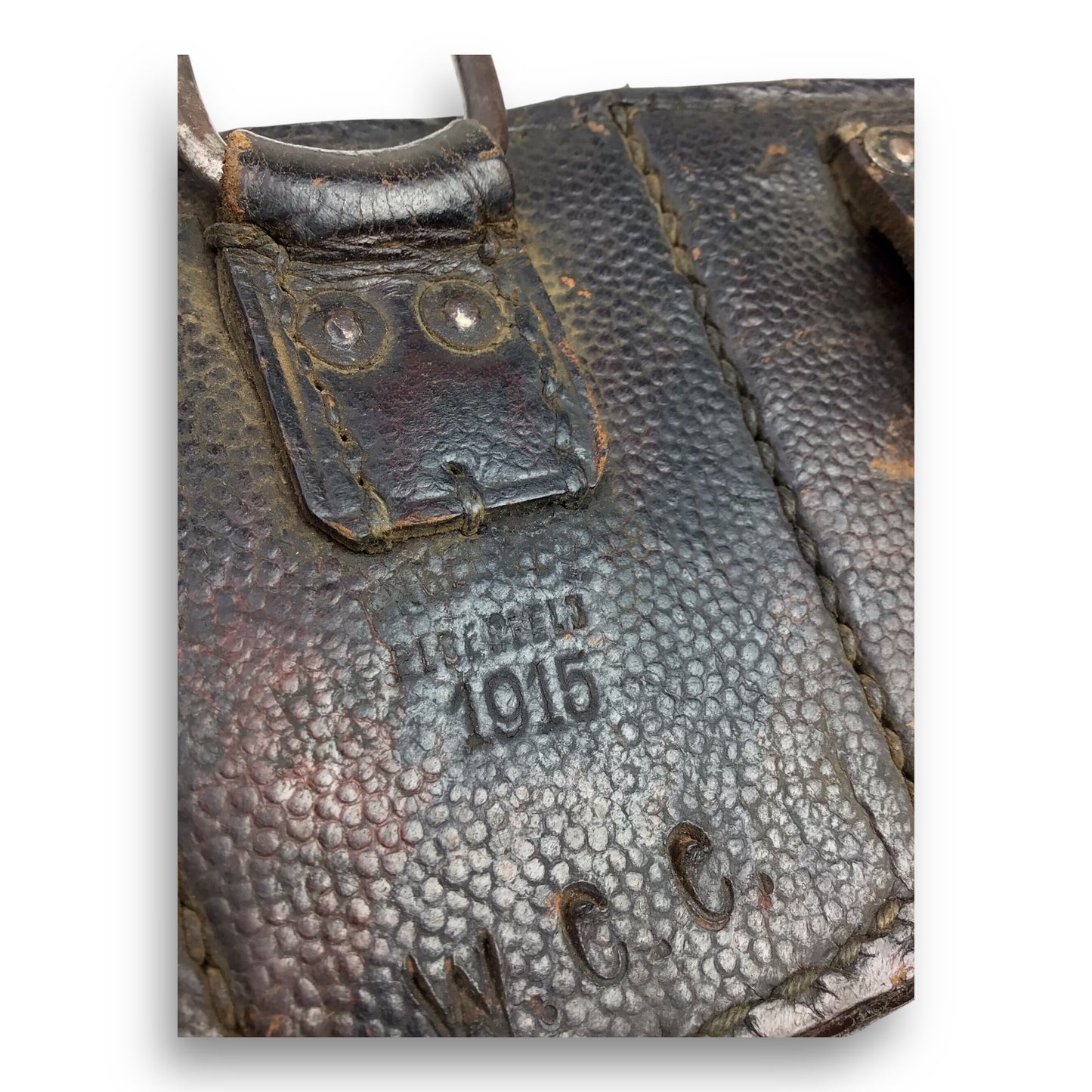 German WW1 1915 Leather Ammo Pouch – Three-Section Belt Model, Marked Elsenfeld for Gewehr 98