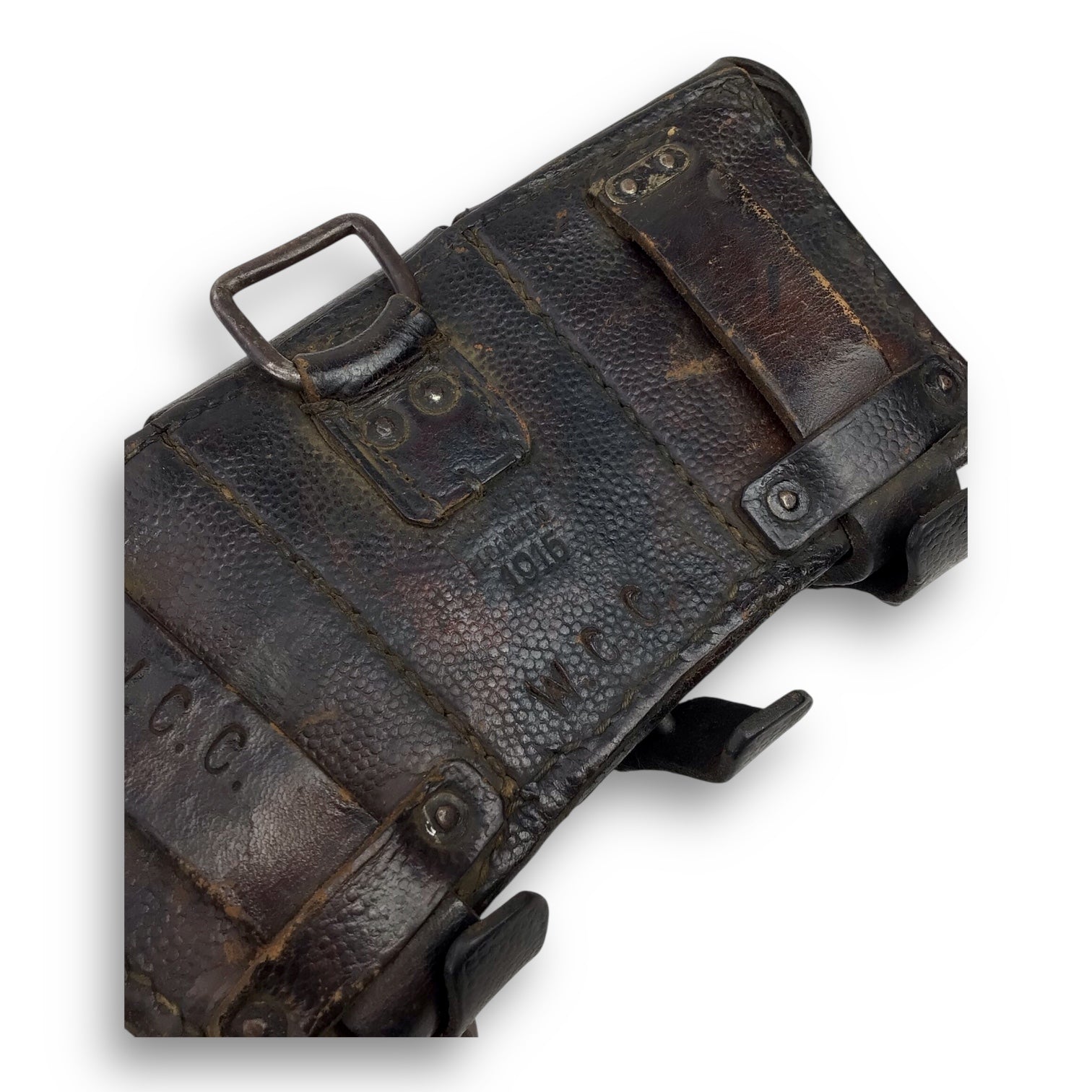 German WW1 1915 Leather Ammo Pouch – Three-Section Belt Model, Marked Elsenfeld for Gewehr 98