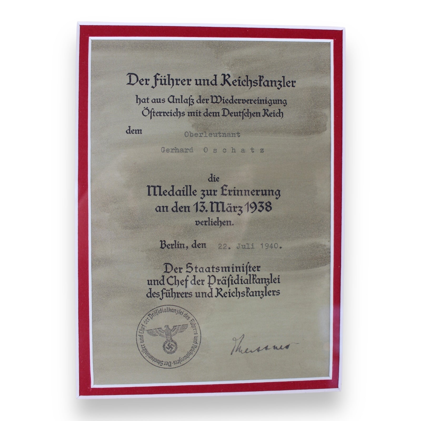 German WW2 Austrian Anschluss Medal w/ Award Document
