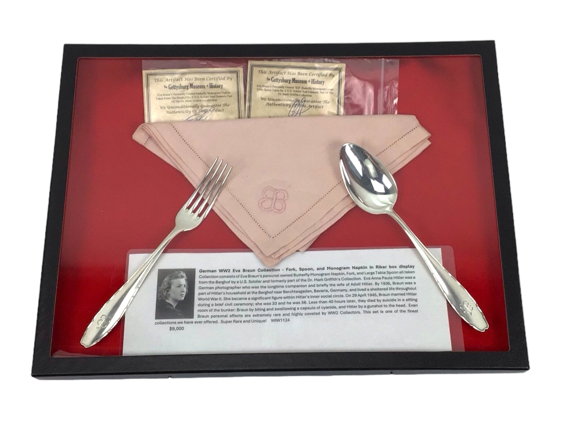 German WW2 Eva Braun Collection - Fork, Spoon, and Monogram Napkin in Riker box display