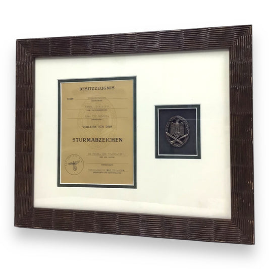 German WW2 Framed Award General Assault Badge w/ Award Document Framed