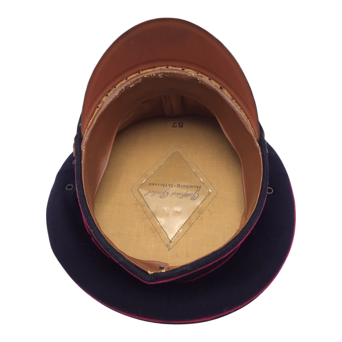 German WW2 German Fire Police Feuerschutzpolizei NCO Visor Peaked Cap Schirmmutze Size 57, Maker Marked "Gottfried Geibel Homberg-O-Hessen"