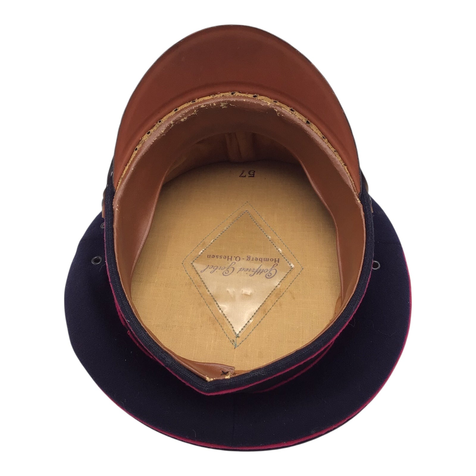 German WW2 German Fire Police Feuerschutzpolizei NCO Visor Peaked Cap Schirmmutze Size 57, Maker Marked "Gottfried Geibel Homberg-O-Hessen"