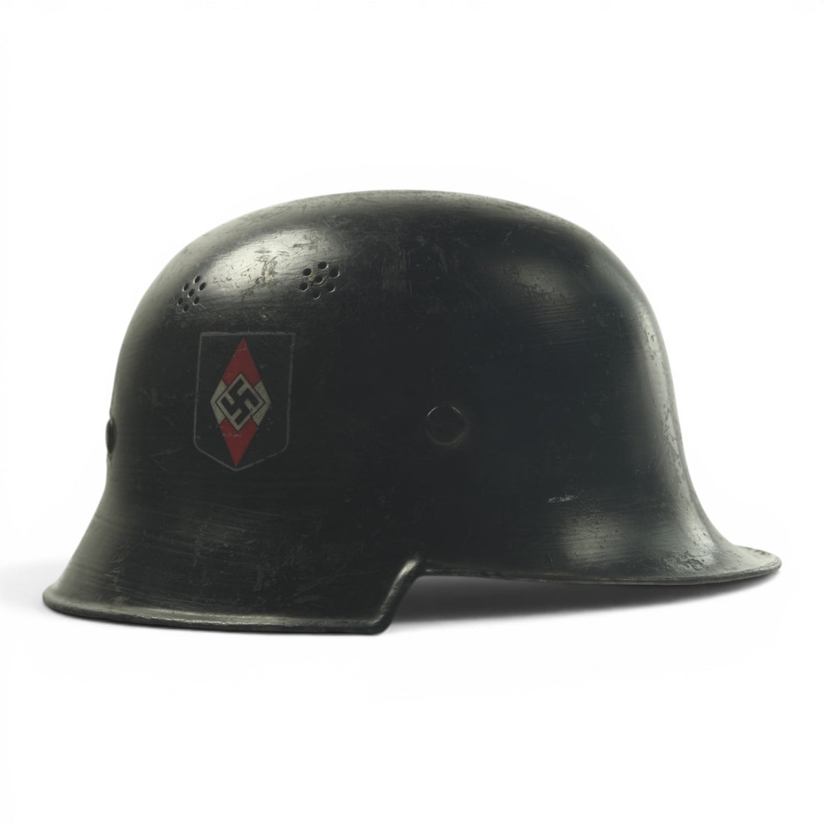 German WW2 Hitler Youth Parade M34 Fire Protection Police Style Helmet Double Decal, stamped and Named - a Rare Helmet!