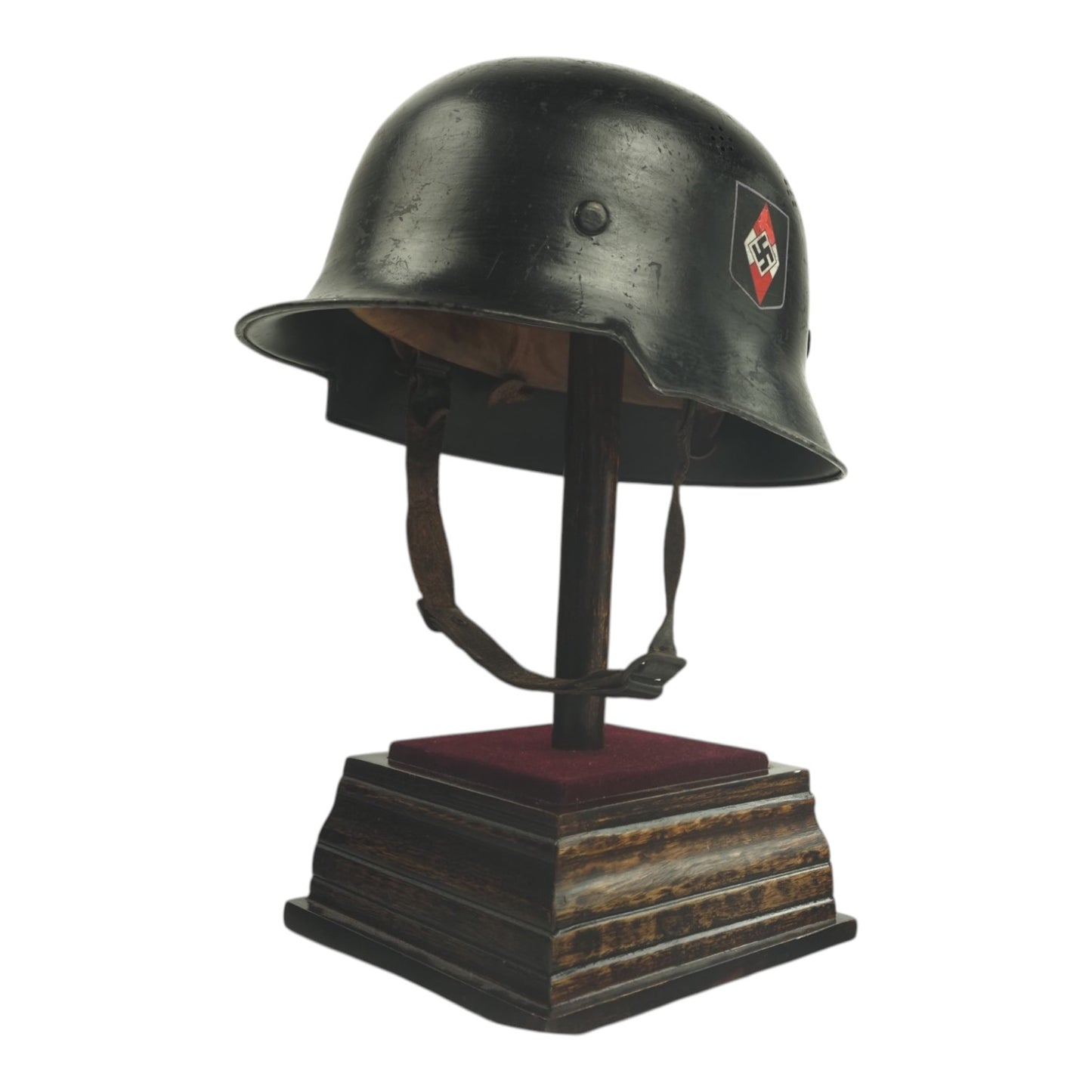 German WW2 Hitler Youth Parade M34 Fire Protection Police Style Helmet Double Decal, stamped and Named - a Rare Helmet!