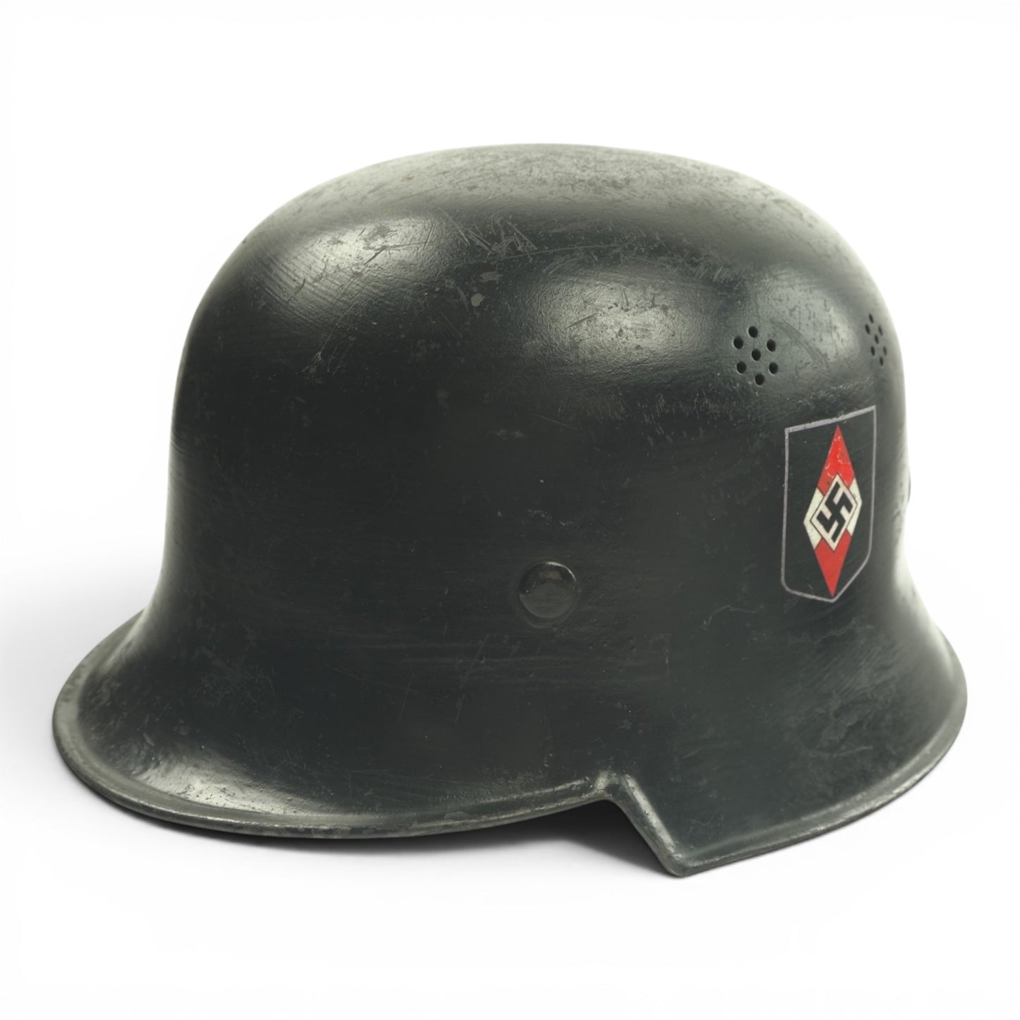 German WW2 Hitler Youth Parade M34 Fire Protection Police Style Helmet Double Decal, stamped and Named - a Rare Helmet!