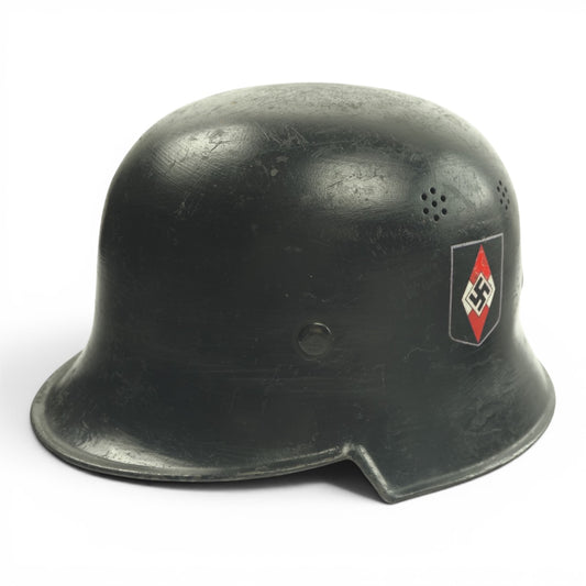 German WW2 Hitler Youth Parade M34 Fire Protection Police Style Helmet Double Decal, stamped and Named - a Rare Helmet!