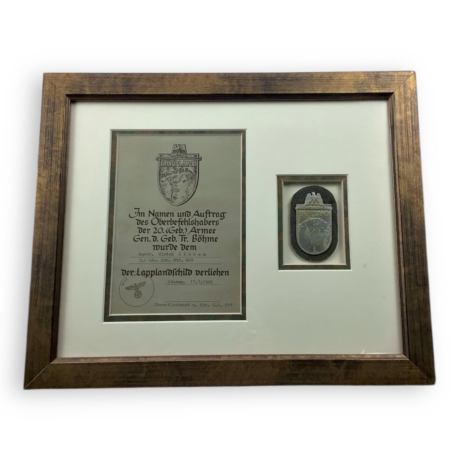 German WW2 Lappland Shield with Award Document Professionally Framed
