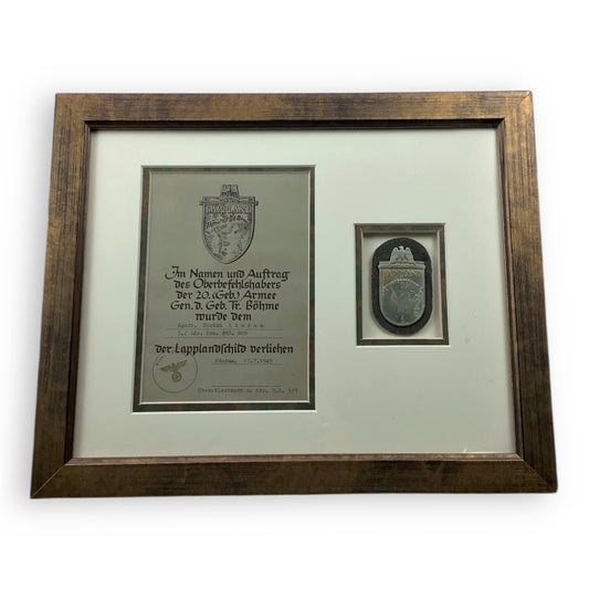 German WW2 Lappland Shield with Award Document Professionally Framed