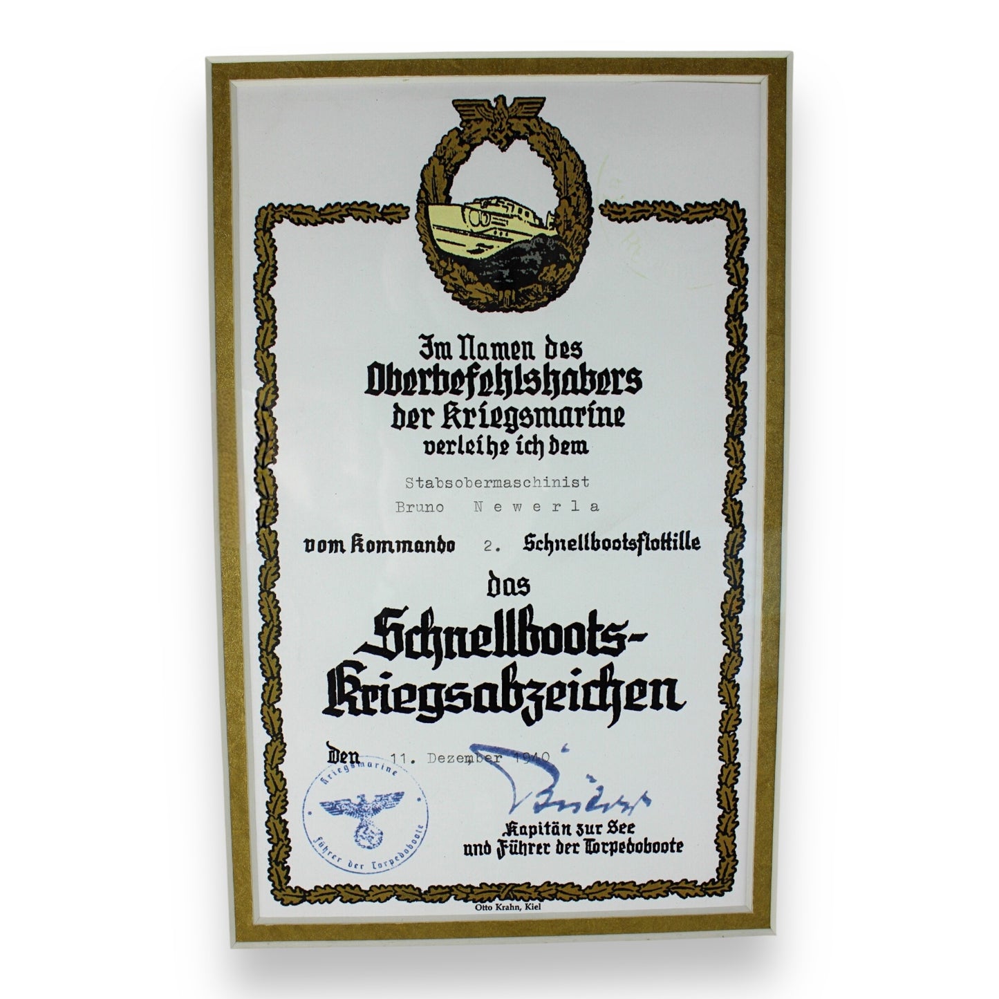 German WW2 Restored Fast Attack Craft War Badge & Award Document