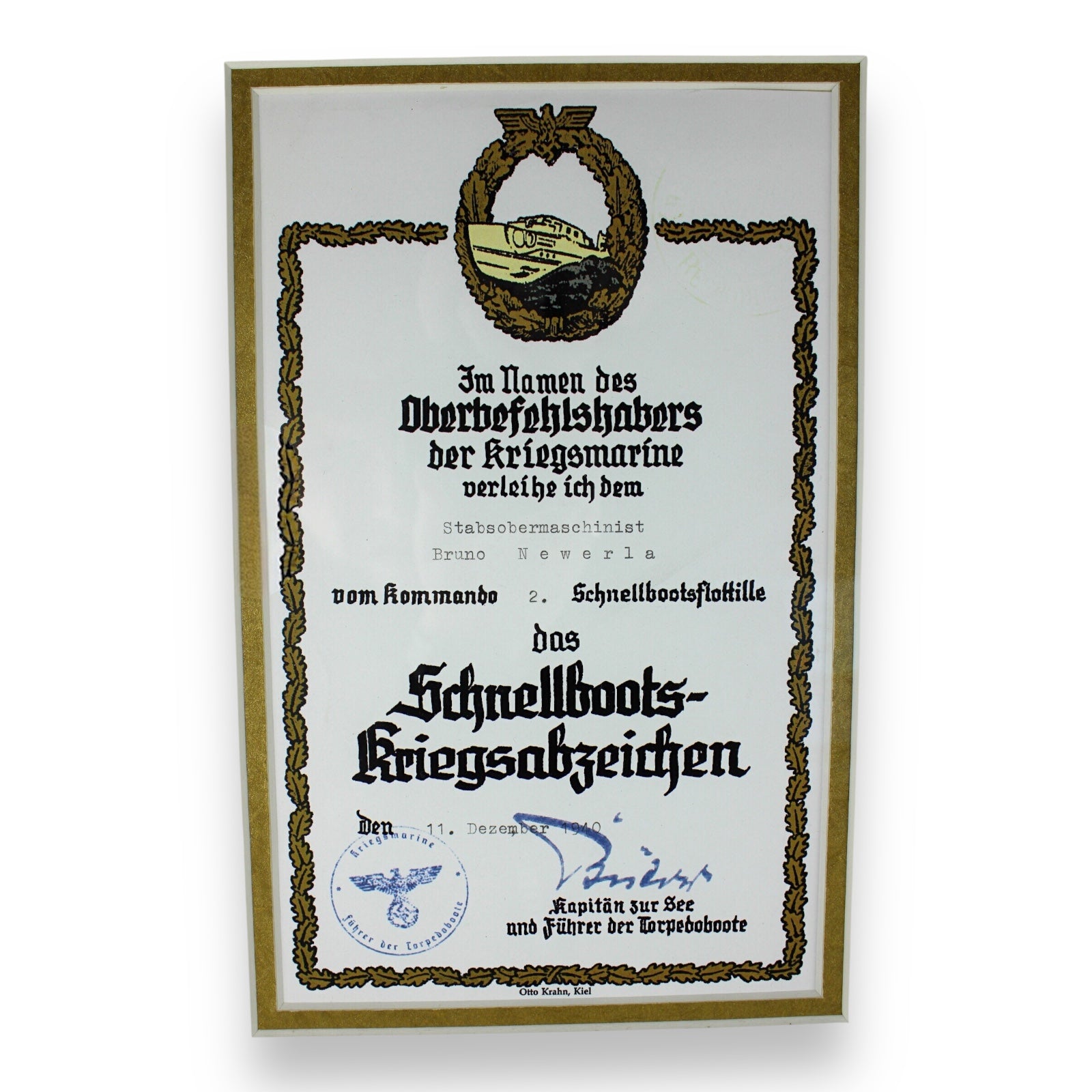 German WW2 Restored Fast Attack Craft War Badge & Award Document