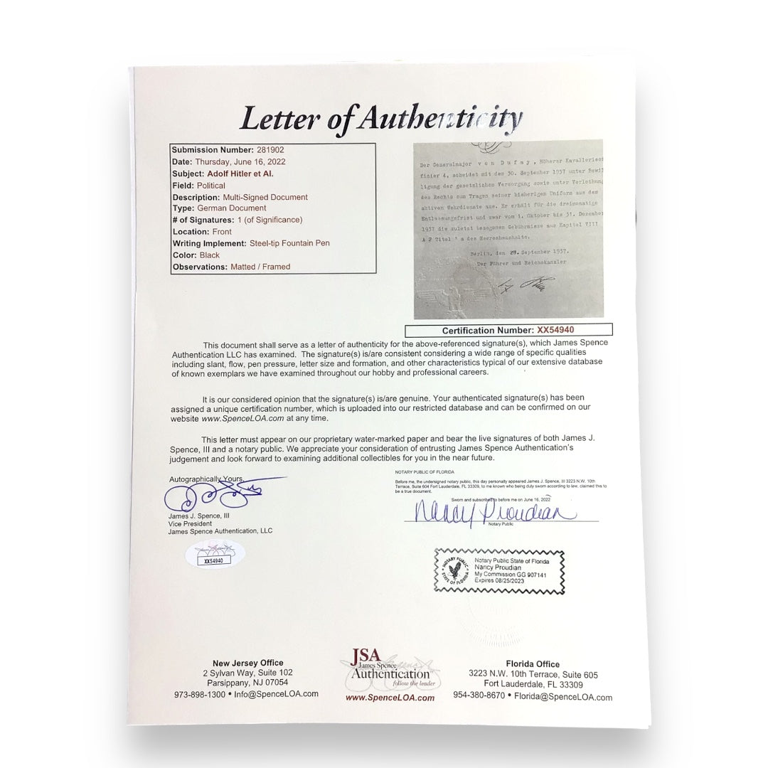 German WW2 Signed Document | Adolf Hitler & General Werner von Blomberg | JSA Certified
