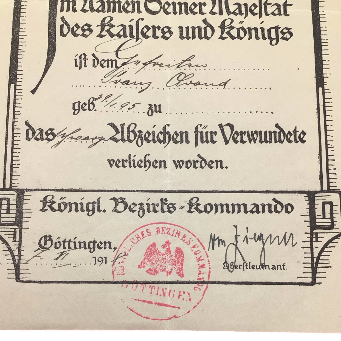 German WWI Black Wound Badge Grouping with Original Award Document | Gefreiter Franz Olvand