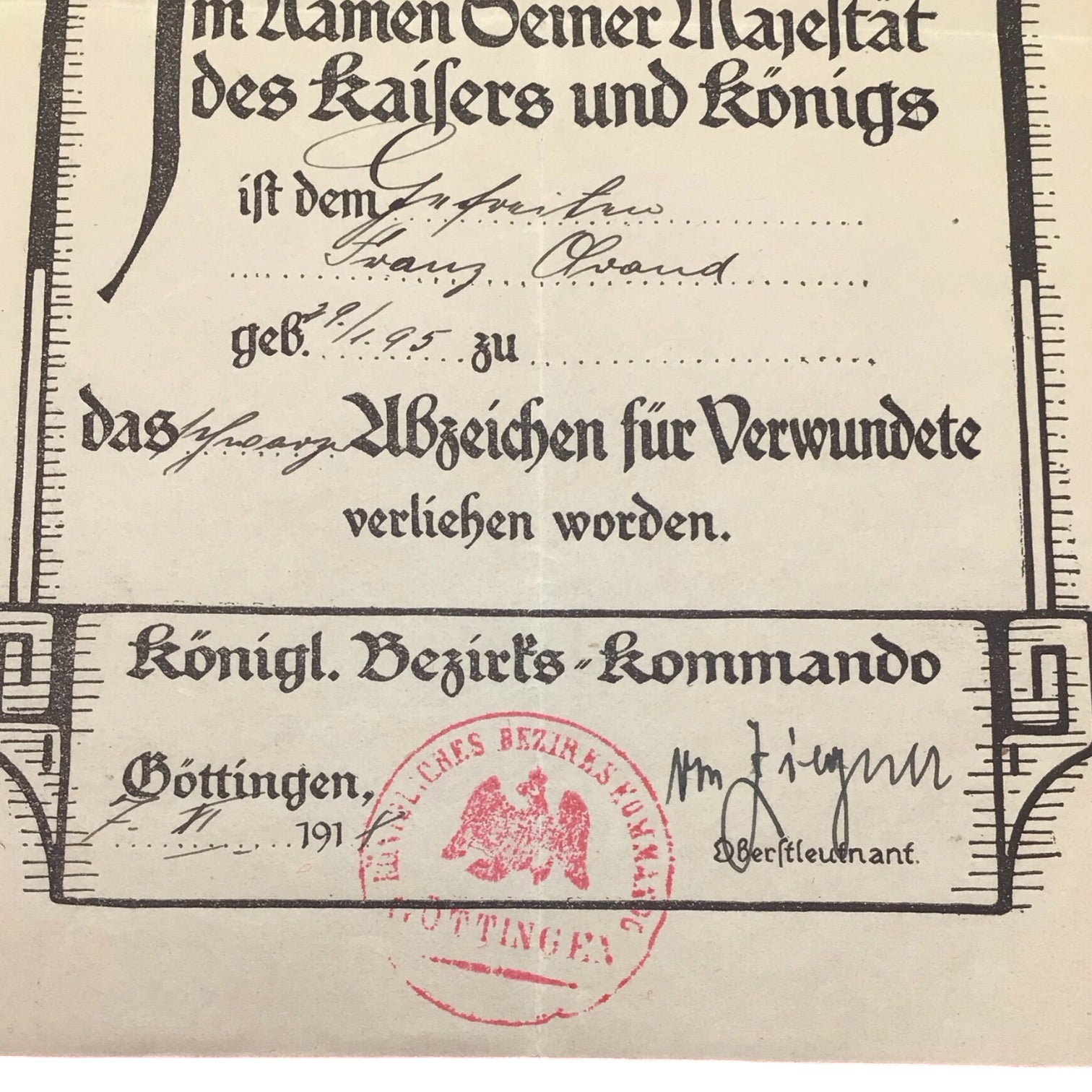 German WWI Black Wound Badge Grouping with Original Award Document | Gefreiter Franz Olvand
