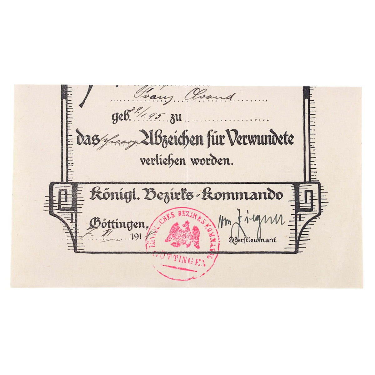 German WWI Black Wound Badge Grouping with Original Award Document | Gefreiter Franz Olvand